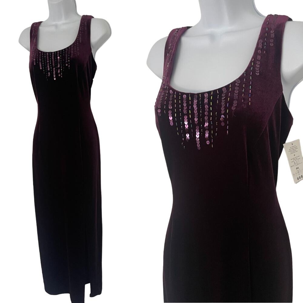 90s Y2K Velvet Purple Sequin Beaded Dress | MEDIUM